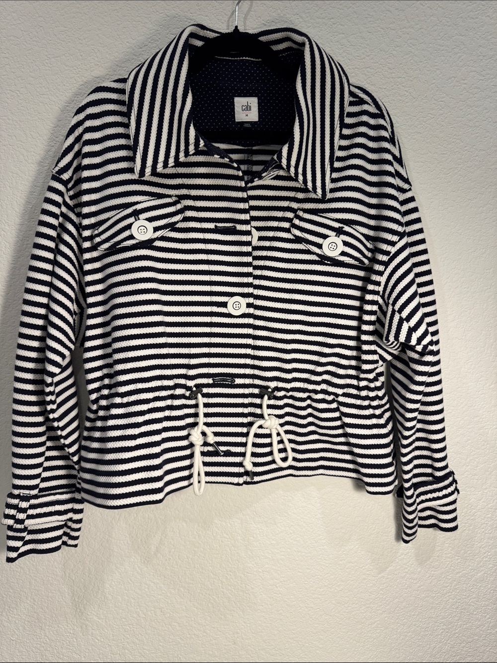 CAbi Black and White Striped Drawcord Utility Jacket